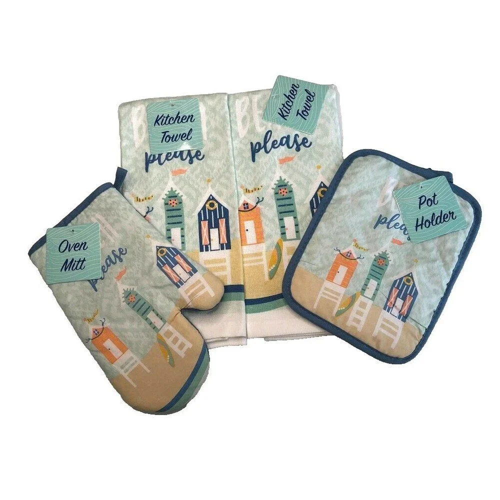 Beach Please Kitchen Towels Oven Mitt Potholder Set of 4 Cabana Summer Coastal